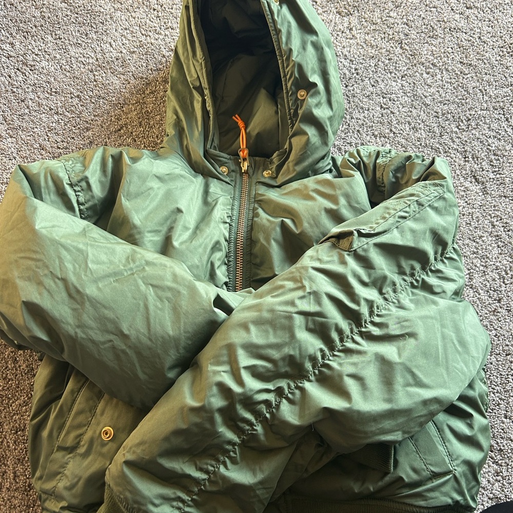 J. Crew Olive Puffer Jacket with Orange Lining